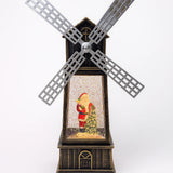 Decoratiune Craciun, Figurina Moara de Vant cu Mos Craciun, functie muzicala, zapada in miscare, cu baterii, Negru/Auriu, 3 Modele