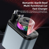 Încărcător auto rapid cu lumină ambientală înstelată, pad aromat și difuzor cu aburi, Bluetooth MP3 player, cablu de date retractabil