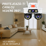 Camera Supraveghere WiFi/LAN Jortan, 3 Lentile, 9MP, Cap Dublu PTZ 355°, Night Vision, IP66 + Card 32GB