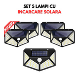 Azi la oferta! Set 5 x Lampa cu Incarcare Solara , Senzor de Miscare, 3 Moduri de Iluminare, 100 LED, Prindere pe Perete