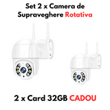 Set 2 x Camera de Supraveghere Rotativa Jortan, Exterior, 1080p, WiFi, IP66 + 2 x Card de Memorie 32GB CADOU