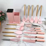Set 19 ustensile pentru bucatarie din silicon, cu maner de lemn, suport si tocator - diverse culori