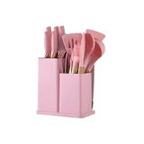 Set 19 ustensile pentru bucatarie din silicon, cu maner de lemn, suport si tocator - diverse culori