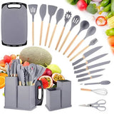 Set 19 ustensile pentru bucatarie din silicon, cu maner de lemn, suport si tocator - diverse culori