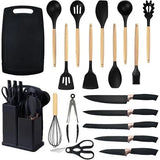 Set 19 ustensile pentru bucatarie din silicon, cu maner de lemn, suport si tocator - diverse culori