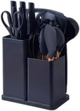 Set 19 ustensile pentru bucatarie din silicon, cu maner de lemn, suport si tocator - diverse culori