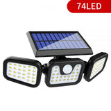 Set 3 x Lampa Solara pentru Exterior cu Senzor de miscare, 74 LED-uri, Baterie 2400 mAh, 3 Surse de iluminare + 2 x Lampa 100 LED CADOU!