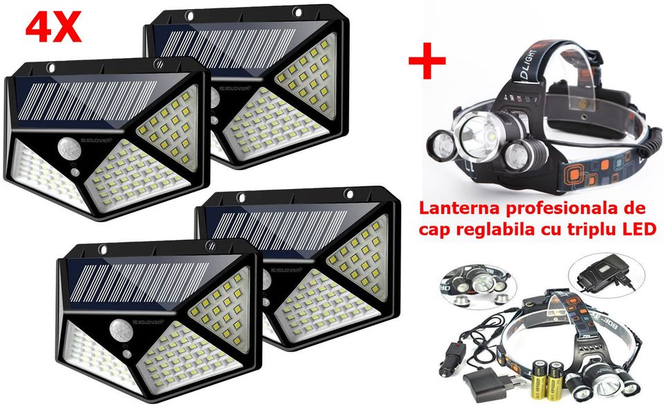 Set 4 x Lampa 100 LED cu panou solar, senzor de miscare + CADOU Lanterna profesionala de cap reglabil