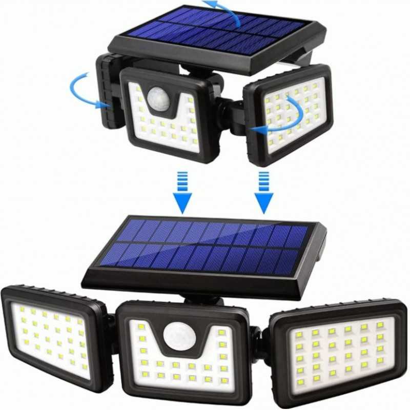 Oferta 2 +1! Set 2 x Lampa Solara pentru Exterior cu Senzor de miscare, 74 LED-uri, Baterie 2400 mAh, 3 Surse de iluminare