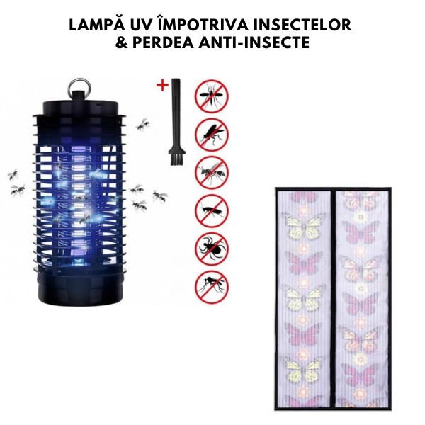 Oferta! Lampa UV impotriva insectelor, tantarilor si mustelor + Perdea anti-insecte cu magneti si model imprimat