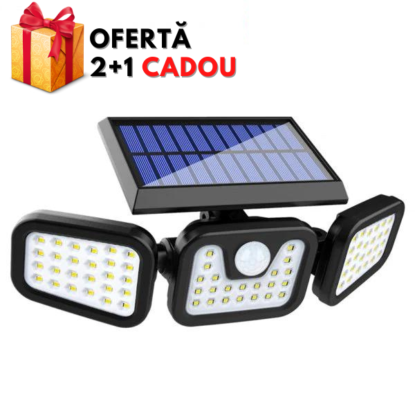 Oferta 2 +1! Set 2 x Lampa Solara pentru Exterior cu Senzor de miscare, 74 LED-uri, Baterie 2400 mAh, 3 Surse de iluminare